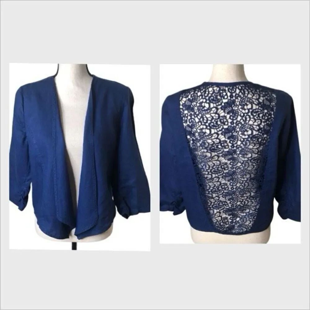 Chico’s Royal Blue Linen W/Open Crochet Lace Back Jacket Sz 8/10 Romantic, Chic